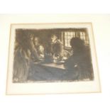 ANDERS ZORN. (1860-1920) AN INTERIOR SCENE, PENCIL SIGNED ETCHING WITH GALLERY LABEL VERSO. 11.5 x