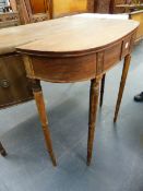 A REGENCY MAHOGANY TALL DEMI LUNE SIDE TABLE ON RING TURNED TAPERED LEGS. 92 x 33 x H.89cms.