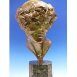 MAURICE GUIRARD RIVIERE. (1851-1947) A BRONZE HEAD OF A BACCHIC FIGURE ON A GREEN MARBLE BASE. H.