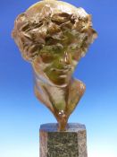 MAURICE GUIRARD RIVIERE. (1851-1947) A BRONZE HEAD OF A BACCHIC FIGURE ON A GREEN MARBLE BASE. H.