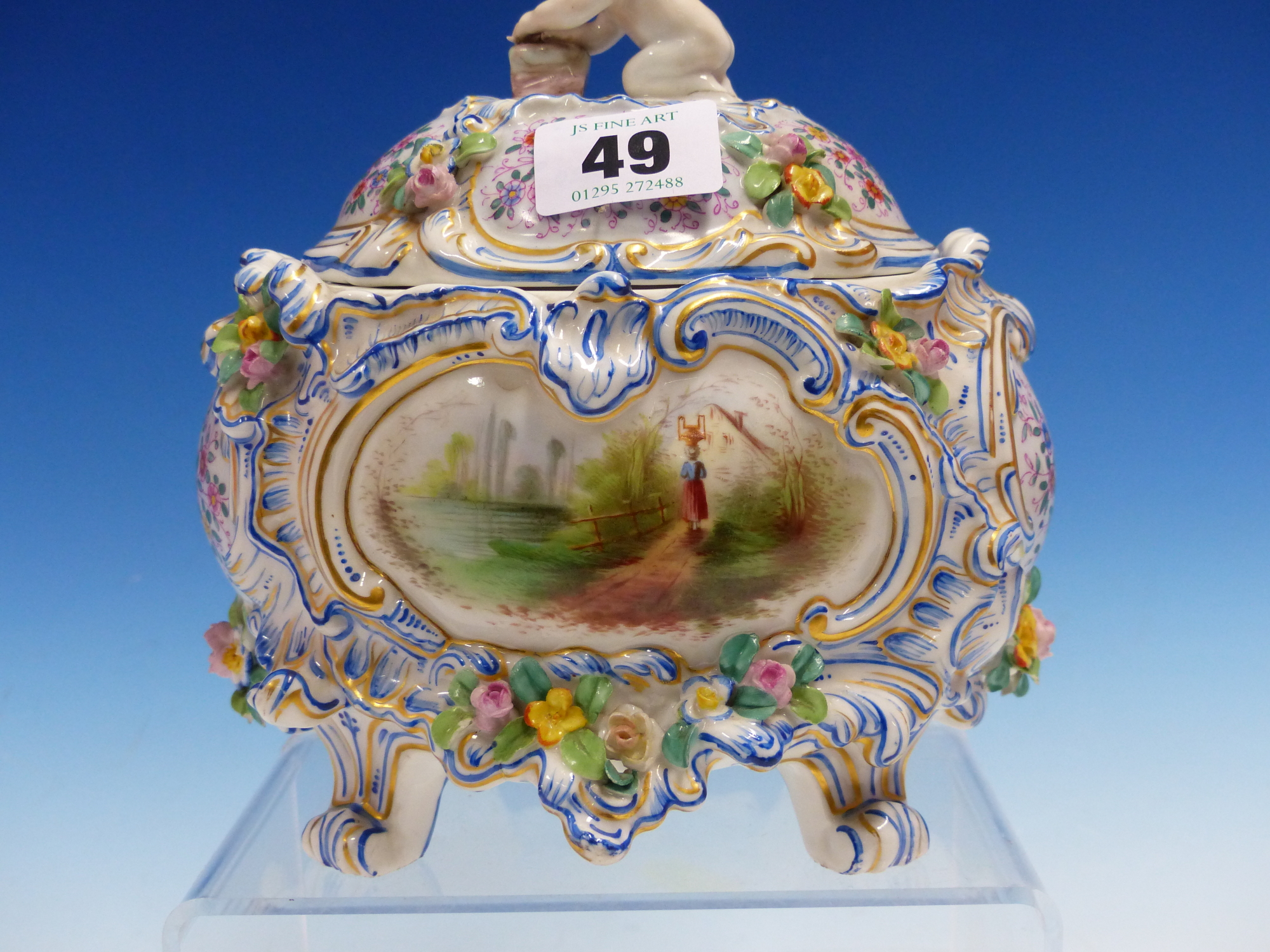 A PASSAU COVERED PORCELAIN BOWL PAINTED WITH BLUE ROCOCO FRAMED RESERVES OF A WATER MILL AND OF A - Image 2 of 11