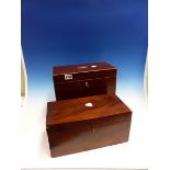 A LATE GEORGIAN MAHOGANY AND BOXWOOD TEA CADDY WITH FITTED INTERIOR TOGETHER WITH A SIMILAR