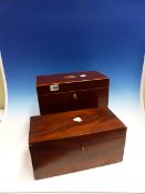 A LATE GEORGIAN MAHOGANY AND BOXWOOD TEA CADDY WITH FITTED INTERIOR TOGETHER WITH A SIMILAR