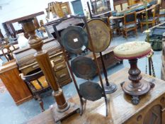 A VICTORIAN PIANO STOOL, A SMALL POLE SCREEN, A FOLDING CAKE STAND AND A TORCHERE. (4)