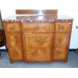 A LATE 19th.C.FRENCH BREAKFRONT COMMODE WITH ROUGE MARBLE TOP, ORMOLU RING HANDLES AND INLAID