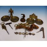 A COLLECTION OF CORKSCREWS TOGETHER WITH A BRASS TRIPTYCH ICON, INDIAN BRONZE FOUR ARMED DEITY, FOUR