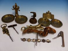 A COLLECTION OF CORKSCREWS TOGETHER WITH A BRASS TRIPTYCH ICON, INDIAN BRONZE FOUR ARMED DEITY, FOUR