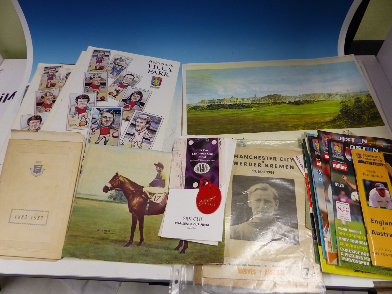 A COLLECTION OF ASTON VILLA,FACSIMILE SIGNED ST ANDREWS PRINTS, CRICKET, HORSE RACING AND OTHER