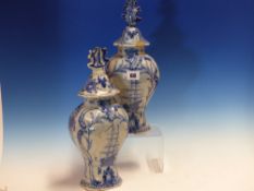 A PAIR OF DUTCH DELFT BLUE AND WHITE VASES, THE BODIES PAINTED ON ONE SIDE WITH A SHIP AND ON THE