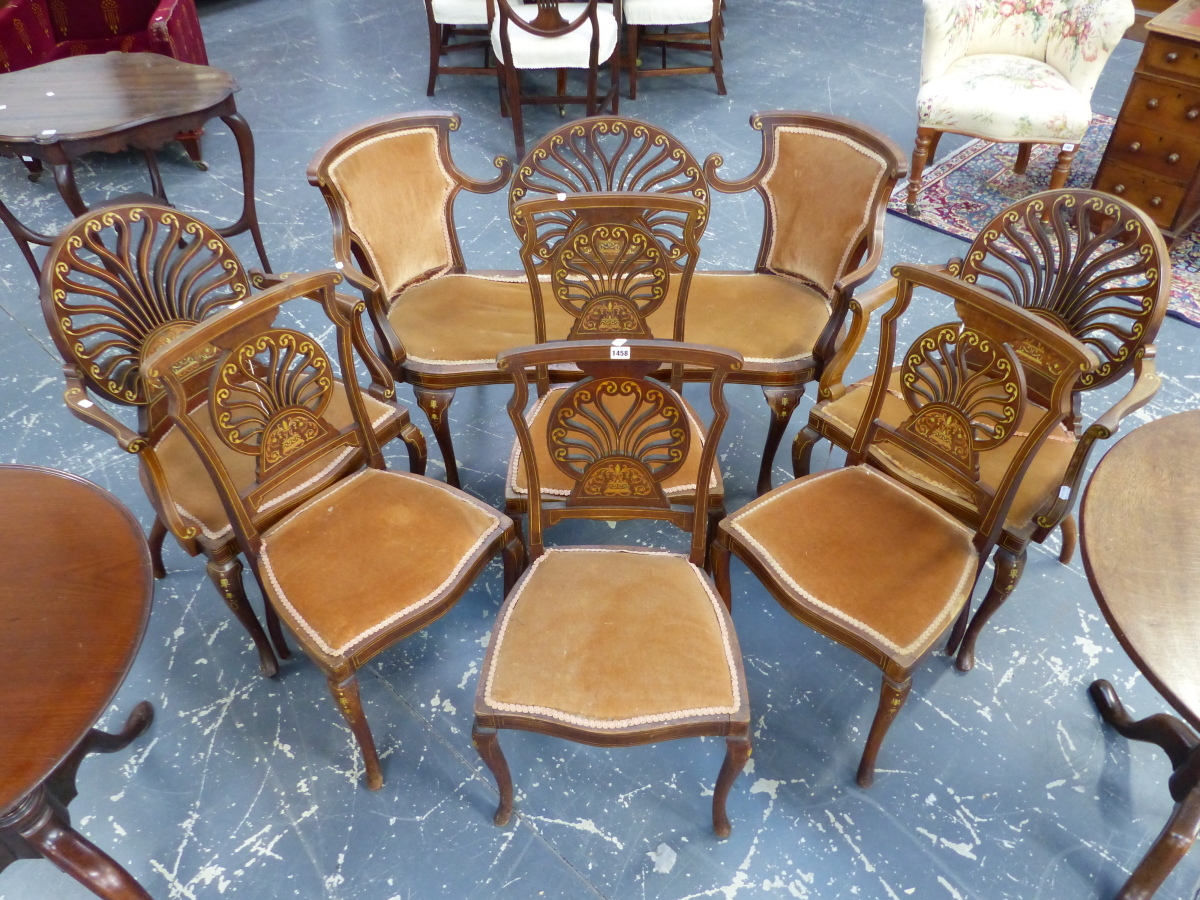 A SEVEN PIECE EDWARDIAN SUITE OF MAHOGANY SEAT FURNITURE, EACH WITH MARQUETRY ANTHEMION CRESCENT