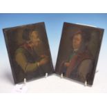 A PAIR OF LOW COUNTRIES PORTRAITS OF MEDIAEVAL MEN, OIL ON WOODEN PANELS. 14 x 11cms.