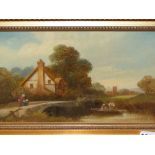 19th.C.ENGLISH SCHOOL. A THATCHED COTTAGE BY A BRIDGE, OIL ON CANVAS. 20.5 x 31cms.