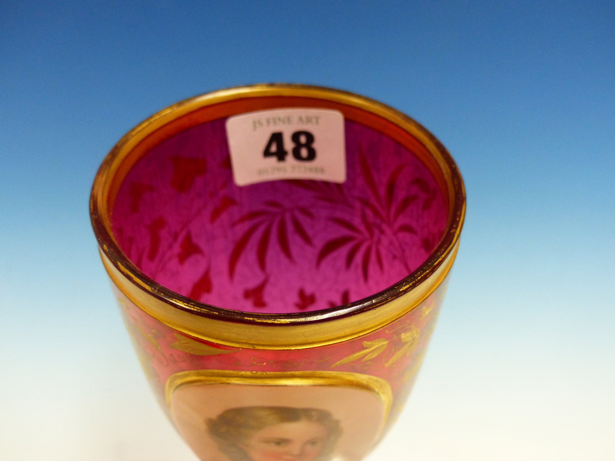 A BOHEMIAN GILT RUBY GLASS GOBLET ON A CHINESE WOOD STAND. - Image 11 of 17