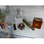 A REGENCY INLAID SMALL TEA CADDY, A BRASS TELESCOPE, A PAIR OF RING NECK DECANTERS, ETC. (QTY)