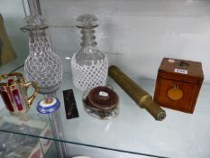 A REGENCY INLAID SMALL TEA CADDY, A BRASS TELESCOPE, A PAIR OF RING NECK DECANTERS, ETC. (QTY)