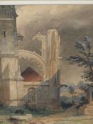 SCHOOL OF SAMUEL PROUT. (1783-1852) ABBEY RUINS, WATERCOLOUR. 23 x 18cms.