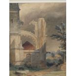 SCHOOL OF SAMUEL PROUT. (1783-1852) ABBEY RUINS, WATERCOLOUR. 23 x 18cms.