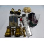 TWO PAIRS OF OPERA GLASSES, HAT PINS, SILVER SMALL PIN TRAY, A DESK SEAL AND A CARVED IVORY