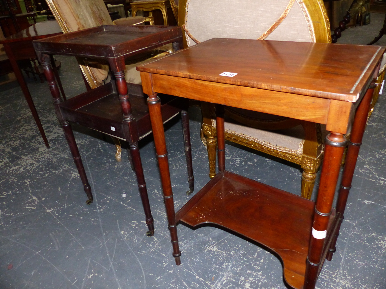 TWO 19th.C.MAHOGANY TWO TIER SIDE TABLES.