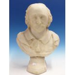A 19th.C.WHITE MARBLE BUST OF SHAKESPEARE. H.46cms.