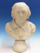 A 19th.C.WHITE MARBLE BUST OF SHAKESPEARE. H.46cms.