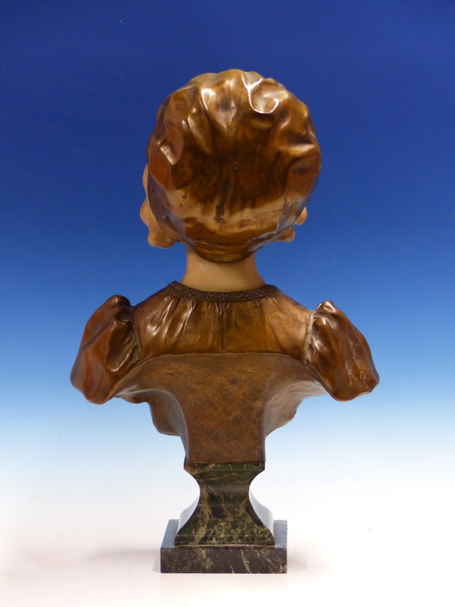 AFFORTUNATO GORY. (FL.1895-1925) A BRONZE AND WHITE MARBLE BUST OF A GIRL WEARING A FLORAL CAP. H. - Image 8 of 9