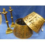 A PAIR OF BRASS ARTS AND CRAFTS STYLE TABLE LAMPS WITH PIERCED ARMORIAL CRESTED SHADES AND SQUARE
