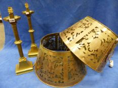 A PAIR OF BRASS ARTS AND CRAFTS STYLE TABLE LAMPS WITH PIERCED ARMORIAL CRESTED SHADES AND SQUARE
