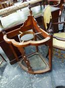 AN EDWARDIAN MAHOGANY SMALL SALON ARMCHAIR TOGETHER WITH A SHIELD FORM POLESCREEN, A CORNER