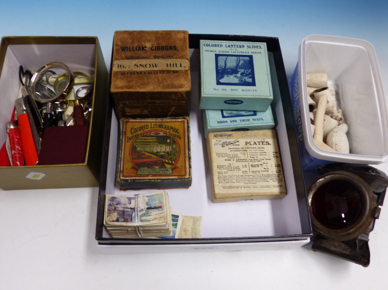 A COLLECTION OF LANTERN SLIDES, CIGARETTE CARDS, CLAY PIPES, PEN KNIVES AND A FREEMAN THOMAS