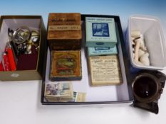 A COLLECTION OF LANTERN SLIDES, CIGARETTE CARDS, CLAY PIPES, PEN KNIVES AND A FREEMAN THOMAS