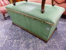 A VICTORIAN BOX OTTOMAN WITH TAPERED SIDES ON BUN FEET. 116 x 61 x H.50cms.