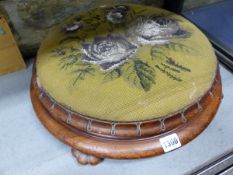 A VICTORIAN LARGE BUN FORM FOOTSTOOL WITH BEADWORK TOP, LABELLED TO THE UNDERSIDE WM TURNER,