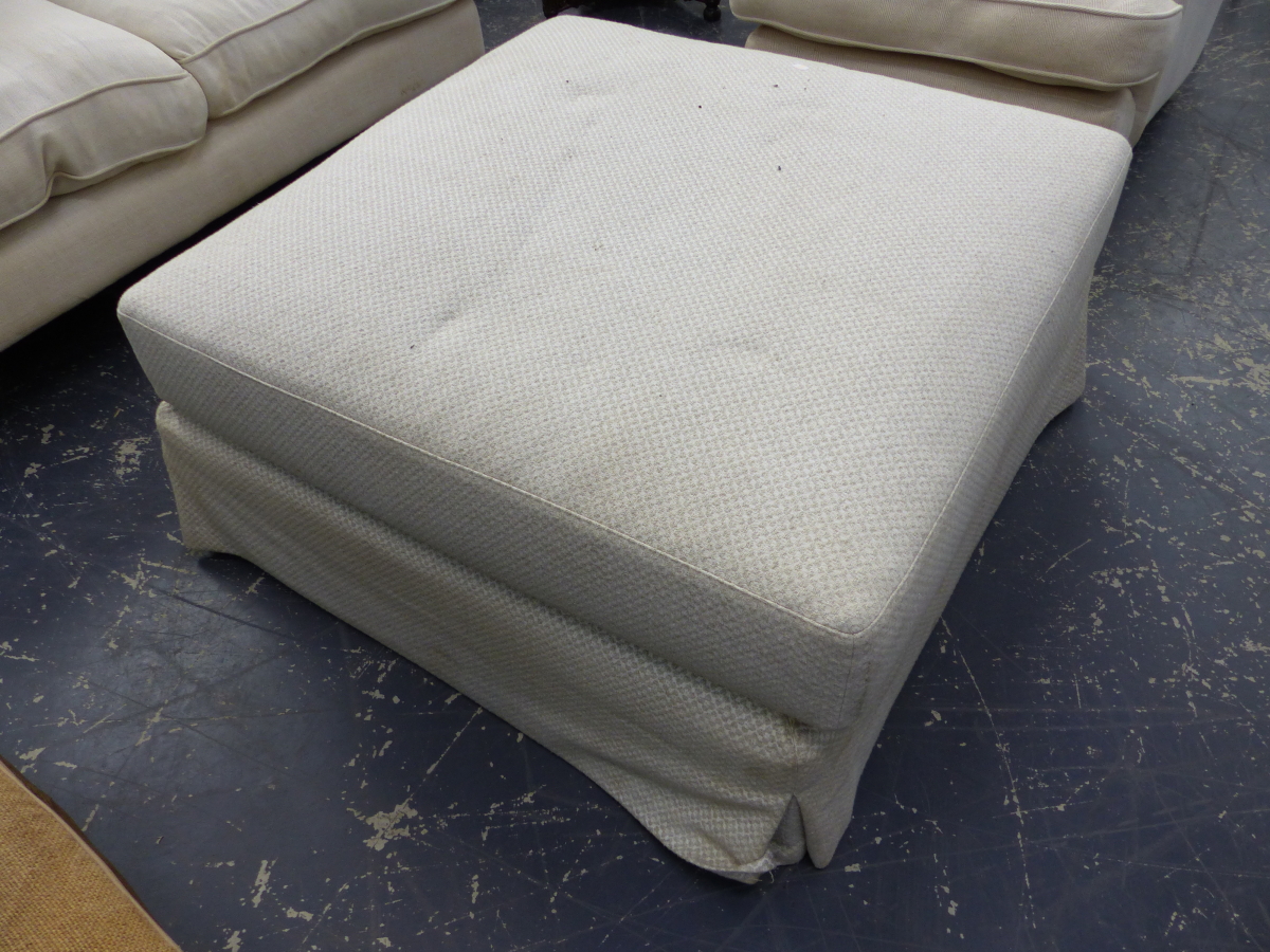 A MODERN HOWARD STYLE TWO SEATER SETTEE, A SIMILAR DEEP SEAT ARMCHAIR AND A LARGE FOOTSTOOL. (3) - Image 2 of 5