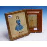 19th.C.ENGLISH NAIVE SCHOOL. TWO PORTRAITS OF GIRLS, WATERCOLOURS. LARGEST 19 x 15.5cms. (2)