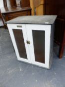 A GODDARD AND SONS SLATE MEAT SAFE WITH GRILLES TO THE WHITE PAINTED WOODEN DOORS. W 62 x D 40 x H