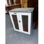 A GODDARD AND SONS SLATE MEAT SAFE WITH GRILLES TO THE WHITE PAINTED WOODEN DOORS. W 62 x D 40 x H