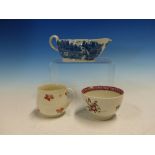 A CAUGHLEY BLUE AND WHITE SAUCE BOAT PRINTED WITH CHINESE ISLANDS, A DERBY CUSTARD CUP PAINTED