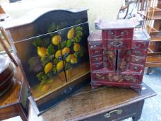 A VINTAGE CHILD'S BENTWOOD CANE SEAT CHAIR TOGETHER WITH AN ORIENTAL LACQUER TABLE CABINET AND TWO