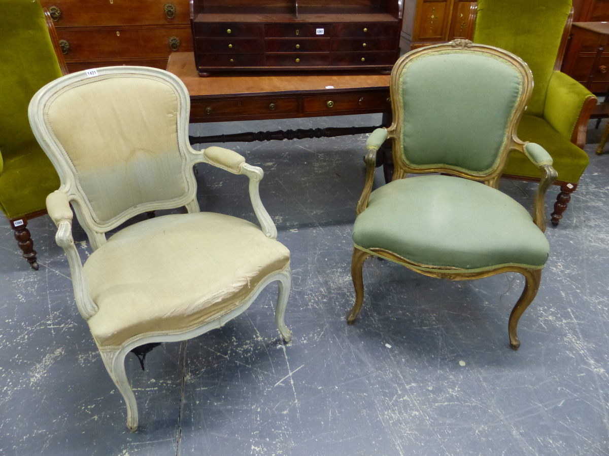 TWO SIMILAR LOUIS XV STYLE, PAINTED SHOW FRAME SALON ARMCHAIRS ON CABRIOLE LEGS. (2)