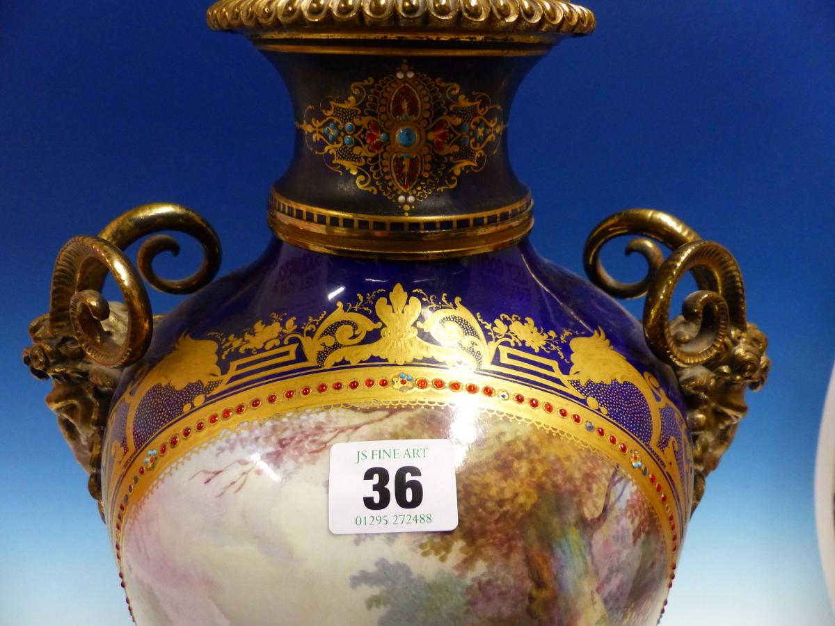 A SEVRES STYLE JEWELLED BLUE GROUND BALUSTER VASE AND COVER PAINTED WITH A ROUNDEL OF A GENTLEMAN - Image 14 of 24