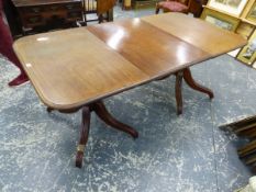 A GEO.IV.MAHOGANY TWIN PEDESTAL DINING TABLE ON MOULDED SWEPT LEGS. 180 x 95 x H.74cms. (INCLUDING