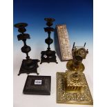 A PAIR OF VICTORIAN BRONZE MOUNTED AND BLACK SLATE CANDLESTICKS TOGETHER WITH A CRIBBAGE BOARD, A