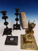 A PAIR OF VICTORIAN BRONZE MOUNTED AND BLACK SLATE CANDLESTICKS TOGETHER WITH A CRIBBAGE BOARD, A