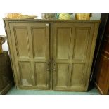 A LARGE ANTIQUE PAINTED PINE ARCHITECTURAL PANEL DOOR CUPBOARD WITH SHELVED INTERIOR. W.168 x H.