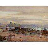 PETER GHENT. (1857-1911) CRICCIETH CASTLE, EVENING, NORTH WALES, SIGNED WATERCOLOUR WITH ARTIST'S