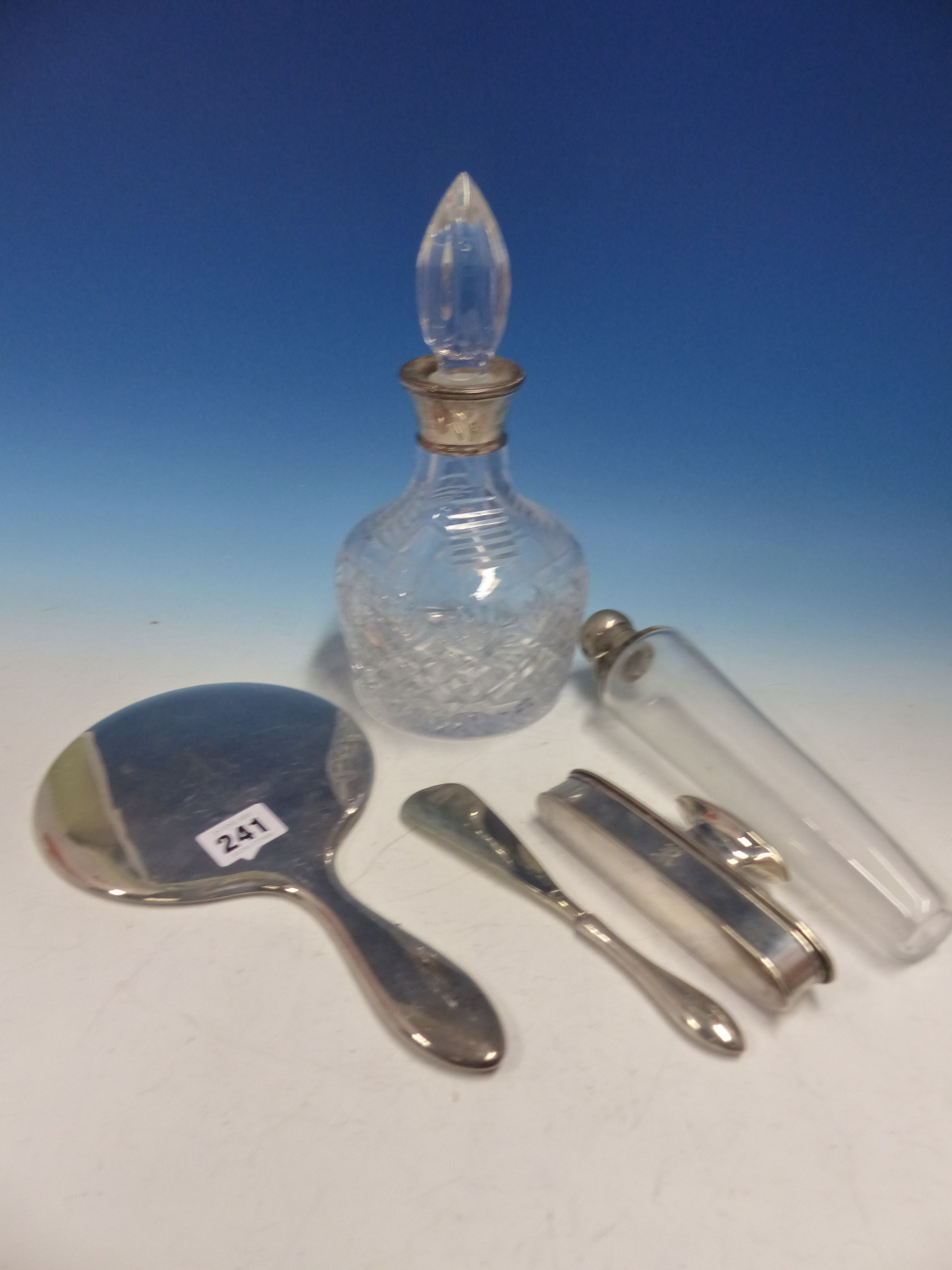 A HALLMARKED SILVER DRESSING MIRROR, SILVER NAIL BUFFER, SHOE HORN, A HUNTING FLASK, AND A SILVER