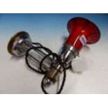 A MID 20th C. GERMAN WALL LIGHT, THE BLACK STRIPED RED GLASS SHADE CLAMPING INTO CHROME FITTINGS.