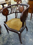 AN EDWARDIAN MAHOGANY INLAID SALON ARMCHAIR.