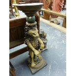 A PAIR OF COMPOSITION STANDS MODELLED AS RAMPANT LIONS STANDING ON SQUARE BASES. H 98cms.